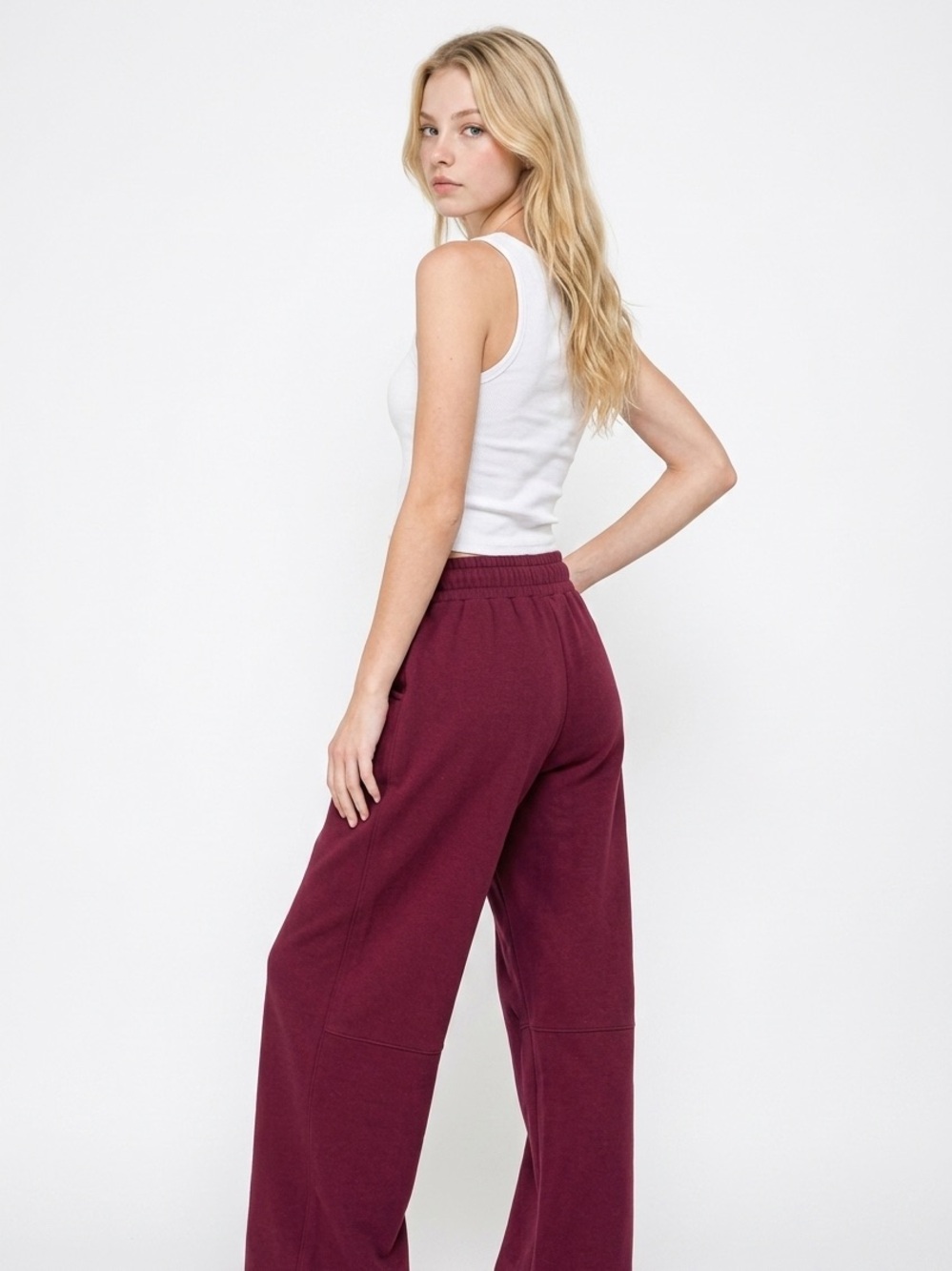 NWT Zenana Wide Leg Barrel Sweatpants in Dark Burgundy - Picture 2 of 3